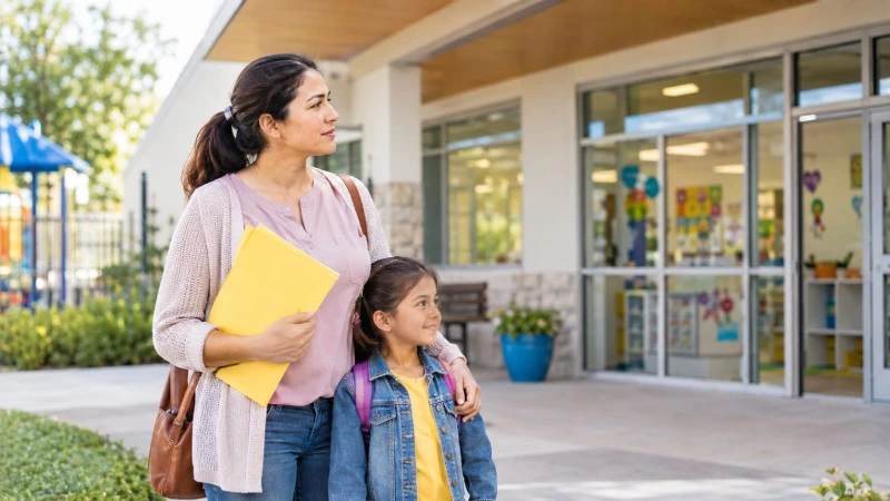Parent and child planning preschool enrollment in Richmond TX